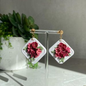 pink floral earrings on white background
