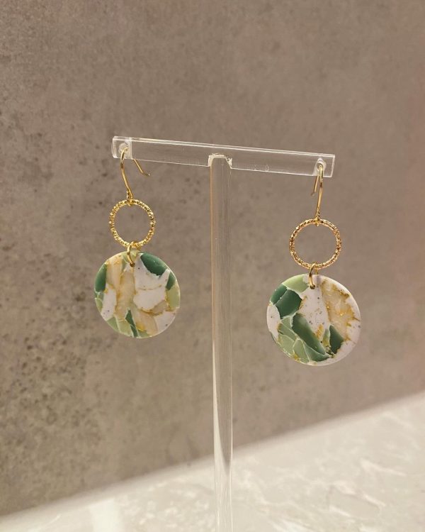 circular green and gold marbled earrings